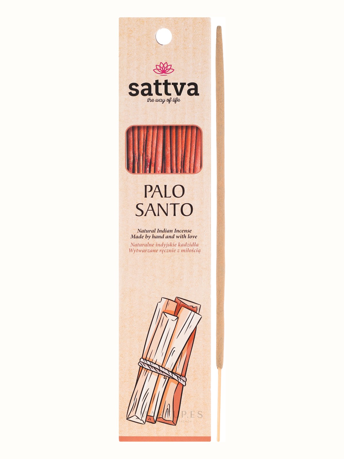 Paquete de varitas de incienso Sattva Palo Santo con 15 varitas visibles a través de la ventana del envase